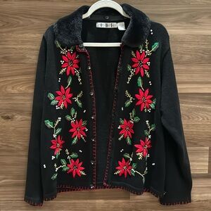 OHI Knit Embroidered Poinsettias Beads Pearl Removable Collar Button Cardigan XL